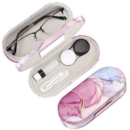 FINTIE Brillenetui - Hardcase Doppelseitiges Brillen Etui und Kontaktlinsenbehälter - Brillenhülle mit Spiegel Kontaktlinsen Reiseset, Glitzernder Marmor