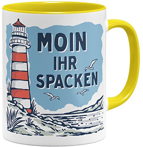 OM3® lustige Kaffee-Tasse mit Spruch - Moin Ihr Spacken - Slogan Leuchtturm Meer Küste - Keramik Becher - 11oz 325ml - Beidseitig Bedruckt - Gelb