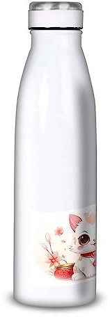 Gourde/Bouteille d'eau en Aluminium - Acier Inoxydable (thermos 24h) réutilisable 330ml à 750ml, thème anime japonais Chat Maneki-Neko (Acier inoxydable, Bouteille (isotherme, bouchon plat) 500ml)