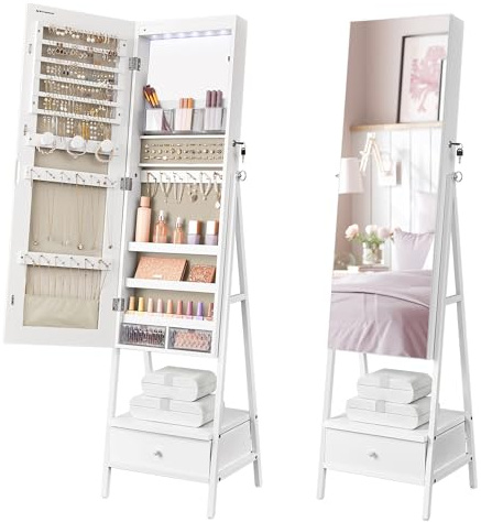 SONGMICS LED Mirror Jewelry Cabinet Standing, Lockable Jewelry Armoire with Full-Length Mirror, Space-Saving Jewelry Organizer with Mirror, Drawer and Shelf, Gift Idea, Cloud White UJJC025W01