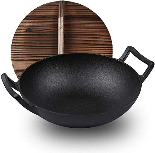 OQHAIR Wok-Pfanne aus Gusseisen, Keine Chemikalien, Flacher Boden, Bratpfanne mit 2 Griffen und Holzdeckel für Elektro-, Induktions- und Gasherde, 36 cm Durchmesser (32 cm Durchmesser)