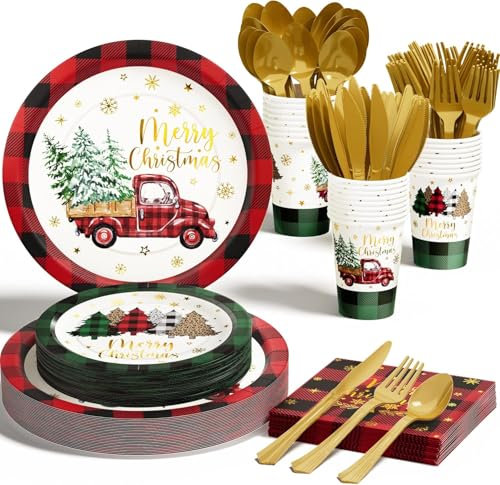 Lot de 80 pièces de vaisselle de Noël pour 20 invités, assiettes, serviettes, gobelets en carton, service de table de Noël, accessoires de fête, assiettes en carton, nappe, fête à thème familial