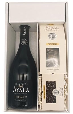 Confezione regalo bianca - Champagne Ayala -1 Brut - Cacaotines (1x150g) et Raisins au sauternes (1x100g) MAISON GUINGUET