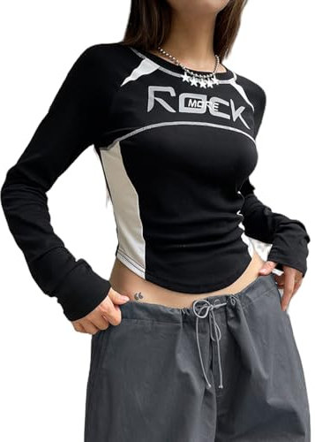 Frauen Y2K Vintage Printed Crop Top Grunge Cute Long Sleeve Tee Streetwear (5-Black, L)