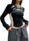 Frauen Y2K Vintage Printed Crop Top Grunge Cute Long Sleeve Tee Streetwear (5-Black, L)