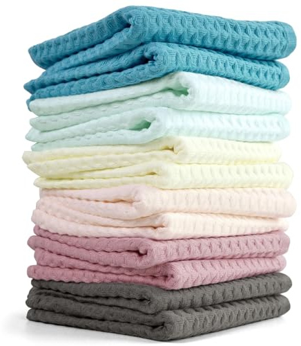 Cleanbear Lot de 12 débarbouillettes en coton avec motif gaufré à carreaux, 33 x 33 cm, 6 couleurs assorties
