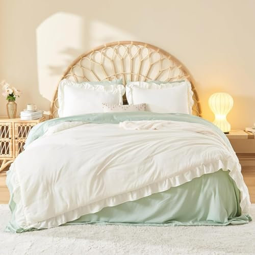Freyamy Bettwäsche 220x240cm 3teilig Weiß Rüschen Romantisch Mädchen Bettwäsche Uni Plisseefalten Chic Bettwaren-Sets Gewaschene Microfaser Bettbezug mit Reißverschluss und 2 Kissenbezug 80x80cm