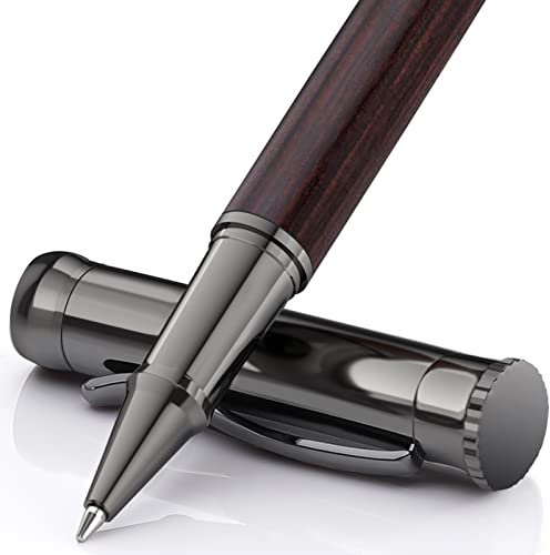 WEMATE Holz Tintenroller Set, inkl. 2 Ersatzminen - Schwarz & Blau, Rollerball für Linkshänder und Rechtshänder, Luxus Bürogeschenk, Eleganter Stift für Profis und Führungskräfte - Schwarzes Ebenholz