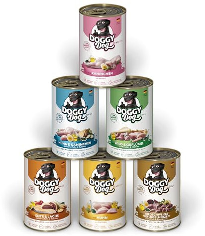 DOGGY Dog Paté Mix 2, 6 x 400 g, Nassfutter für Hunde im Probierpaket, getreidefreies Hundefutter mit Lachsöl und Grünlippmuschel, Alleinfuttermittel mit hohem Fleischanteil, Made in Germany