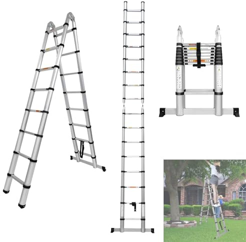 16.5Ft Aluminum Telescoping Ladder, for Outdoor & Indoor Use, 8+8 Stepladder with Anti Slip Feet and Stabilizer Bar, Adjustable Height (A-Frame)