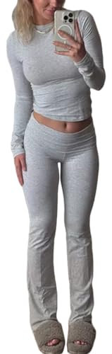 shownicer Lounge Set Langärmeliges Crop Top für Damen und Schmal Geschnittene Lange Hosen Yoga Trainingsanzug Zweiteiler Outfit Pyjama Loungewear Schlafanzug Hausanzug A Grau XS