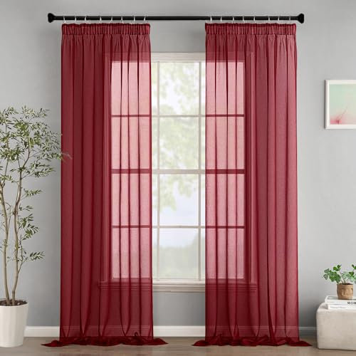 Woaboy Gardinen mit Kräuselband Fenster Voile Vorhänge Wohnzimmer Transparent Sheer Curtains Stores Gardine Schlafzimmer Modern Schlaufengardinen 2er Set 140x245cm (BxH) Wein Rot