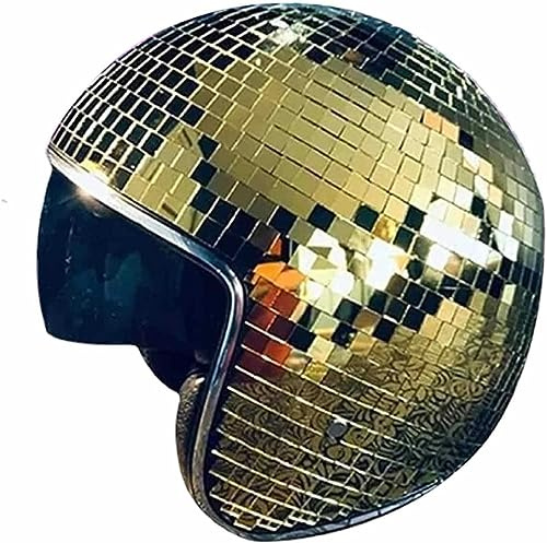 Disco Ball Helmet,Disco Ball Hat,Mirror Glitter Ball Helmets,With Retractable Visor,for DJ Party (Gold)