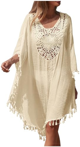 Women's Swim Cover-Ups Baggy Beach Cover Up Long Sleeves Hollow Out V Neck Crochet Dress Tassel Bikini Cover Up Sarong Bathing Suit Loose Lightweight Kaftan Plus Size Bohemian Dress Swimsuit