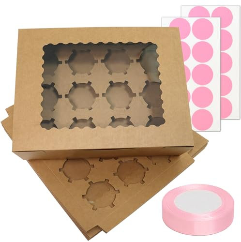 Goalfly 10 Pieces Large Cupcake Boxes 12 Hole, Kraft Cupcake Boxes with Window, Bakery Boxes with Inserts, 1 Ribbon and 2 Stickers