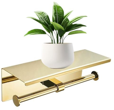 Double Toilet Paper Holder with Phone Shelf Dual Roll Tissue Holder Dispenser Wall Mounted SUS304 Commercial Stainless Steel Roll Holder Storage Cool Bathroom Accessory (Gold)