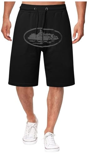 Minus Two Cortez Herren Cargo Shorts mit Buchstaben Muster Hip Hop Streetwear Vintage Hose mit geradem Bein Locker Fit Schwarz S EU 32 M 30+