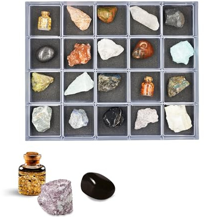 DOKTOR FUN - Minerals of The World Golden Collection - Eine Sammlung von Mineralien und Edelsteinen - Für Kinder und Sammler - Entdecken und Lernen - Inkl. 20 Exemplare und Schaukasten