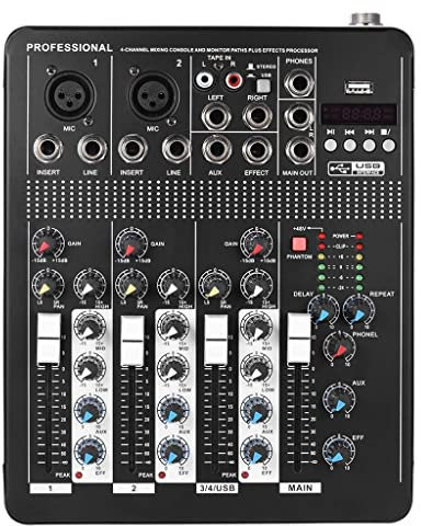 Professional 4-Channel Mic Line Audio Mixer Mixing Console with 3-band EQ 48V Phantom Power USB Interface