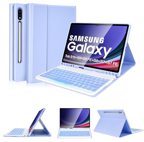 SOPPY Backlit Keyboard Case for Samsung Galaxy Tab S10+/S9 FE+/S9+/S8+/S7+/S7 FE 12.4'', 7 Color Magnetic Detachable Keyboard Case for Galaxy Tab S7 FE/S9 FE+/S10+/S9+/S8+/S7+ 12.4 inch,Purple