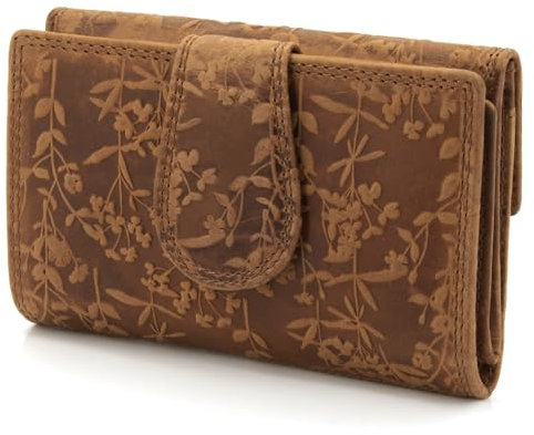 ekavale Frauen-Portemonnaie mit Blütenmuster, Leder Geldbörse für Damen mittelgroß, Riegelverschluss, RFID-Schutz (Braun)