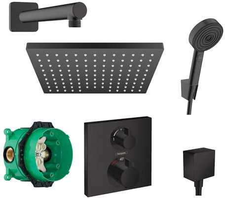 Hansgrohe Duschsystem mit Unterputz Duscharmatur von Hansgrohe Regendusche mit Armatur, Duschkopf eckig, Wandarm Dusch-SET HGSK03 schwarz matt