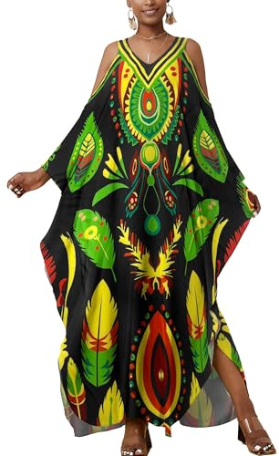 Bsubseach Abiti da caftano da donna a spalla fredda costume da bagno copertura up lungo plus size spiaggia caftano abito, Piuma verde, Taglia unica