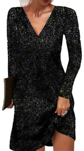 shownicer Damen Pailletten Kleid Sexy V-Ausschnitt Kurz A-Linie Glitzerkleid Elegant Langarm Festlich Party Lose Paillettenkleid Freizeitkleid A Schwarz L