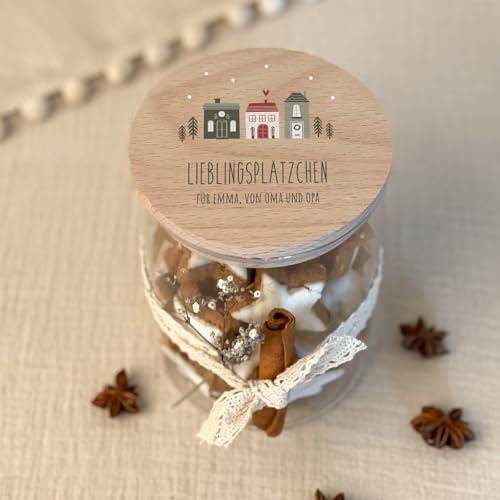 hellomini Personalisiertes Vorratsglas mit Holzdeckel, Keksdose mit Gravur, Geschenk zu Weihnachten, Keksglas mit Buchenholz Deckel, Zwei Größen (Lieblingsplätzchen, 750ml)