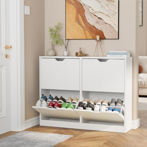 VOWNER Zapatero 4 Puertas, Zapatero Estrecho, Zapatero Entrada Recibidor, 102 x 24 x 80 cm (Largo x Ancho x Alto), Zapatero Madera, para Entrada Estrecha, Pasillo (Blanco)