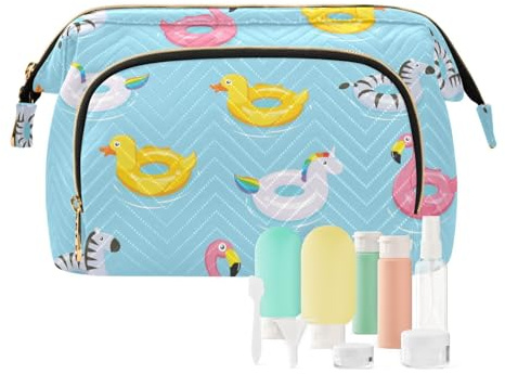 Inflatable Rubber Ducks Flamingos Unicorns Zebra on Turquoise Women Cosmetic Bag Makeup Bag Stylish Trip Beauty Bag Travel Toiletry Bag with Bottle Organizer 10.2 x 5.9 x 6.7 inch