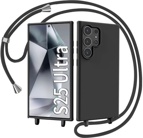 AOMYKE Coque pour Samsung Galaxy S25 Ultra avec Cordon, Collier Étui Silicone Liquide avec Tour de Cou Lanière en Corde Souple TPU Antichoc Housse - Noir