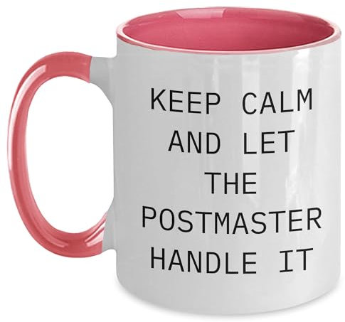 Divertida taza de café con texto en inglés Keep Calm and Let the Postmaster Handle It de dos tonos, regalo para los amantes de los postmaestros de cumpleaños de amigos y familiares