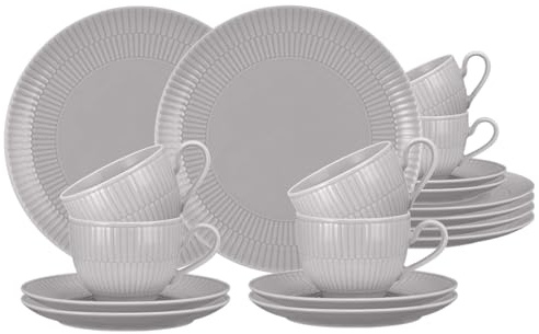 Seltmann Weiden Amina Kaffeeservice 18-teilig, Kaffeetassen mit Untertassen (250 ml) und Frühstücksteller (23 cm) für 6 Personen, Geschirr-Set mit dezentem Relief-Muster, Porzellan, Silbergrau