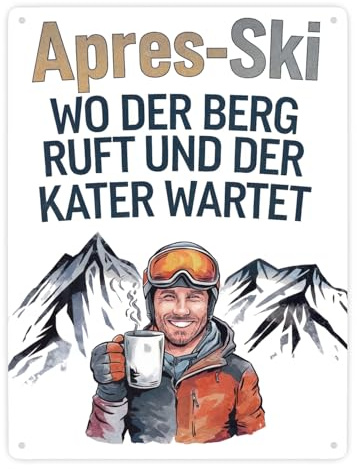 Après Ski - Berg ruft, Kater wartet Metallschild XXL in 28x38 cm Humorvolles Schild für Skifans - Lustig und einzigartig