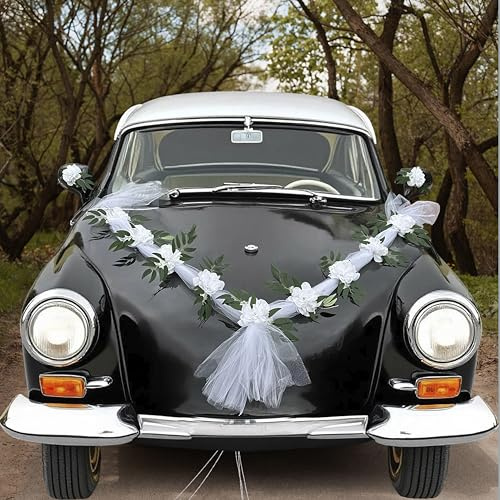 Autoschmuck Set für Hochzeit – Weiße Rosen mit Gaze und Saugnäpfen, Hochzeitsdeko für Brautpaar, Romantische Autodekoration zur Hochzeit