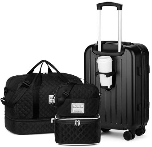 Yorige Luggage Sets for Women Men 4 Piece - Carry on Hardside Suitcase 20inch with USB Port, 360° Spinner Wheels, Duffel Bag, Cup Holder, Lightweight Luggage Set for Travel Vacation, Black, 10in x 5in