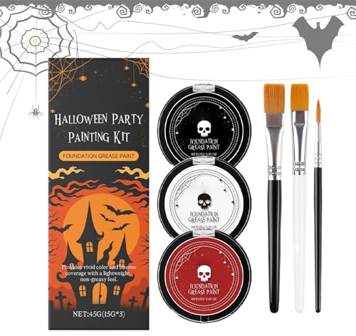 Juego de pintura facial, 3 colores Halloween Face Body Paint Makeup Kit, lavable con pincel para adultos, vampiro, mujeres, hombres, cráneo, esqueleto, zombie, escuela, escena, teatro, 2,8