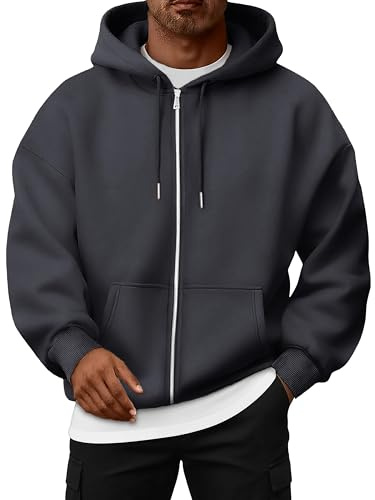 Oyamiki Huvtröja Herr Långärm Kapuschongjacka Dragkedja Sweatjacka Fleece Kapuschongkåpa Avslappnad Kapuschong Jacka Sweatshirt Tröja med fickor, Mörkgrå, XL