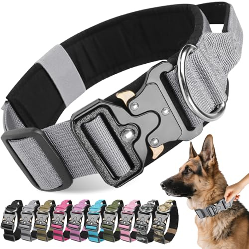 Viugex Collier de Chien Tactique, Militaire Collier Réglable Chien Rembourré, Collier pour Chien Durable avec Boucle en Métal, Idéal pour Petits, Moyens et Grands Chiens (Gris, L)