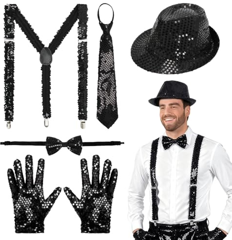 Capaneus Schwarz Glitzer Outfit Herren,Disco Kostüm Accessoires,Pailletten Hosenträger+Fliege+krawatte+Handschuhe+Glitzer Hut,Fasching Party Dance Jazz Performance