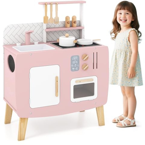 COSTWAY Cuisine Enfant en Bois avec Effet Sonore & 7 Accessoires, Jeu de Cuisine Rose avec Micro-Ondes & Évier & Robinet, Armoire, Étagère, Jeu d'Imitation pour Enfants de 3 Ans+