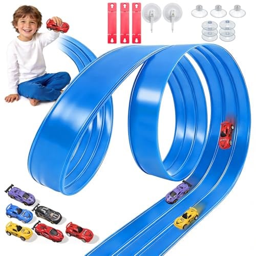 Flexible Autorennbahn Kinder, 3-Spur 5M Rennbahn Inklusive 6 Autos | Autorennbahn Race Car Track für 1/64th Autos, Hot Wheels Bahn Geschenke für 3 4 5 6 7 8 Jahre Jungen Mädchen