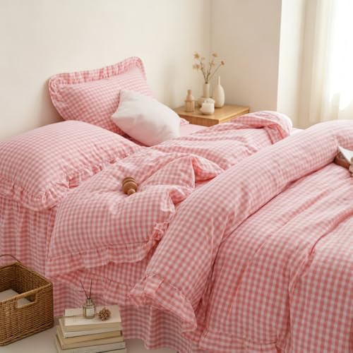 Rüschen Bettwäsche 200x200 Kariert Rosa Bettbezug + 2 Kissenbezug 80x80 | Rüschenbettwäsche Set, 3 Teilig, Landhausstil Karomuster, Romantische, Mädchen, Aesthetic, ÖKO-TEX Microfaser, Reißverschluss
