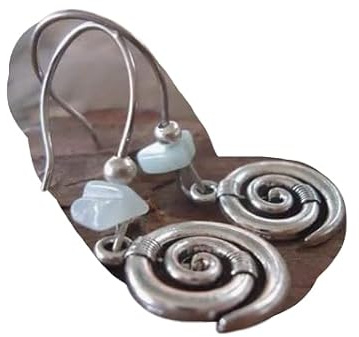Boho Ethno Spirale Stein Lange Haken Ohrringe aus Tibet-Silber mit Naturstein