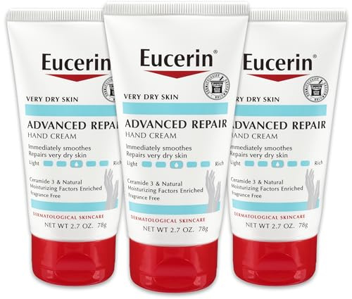 Eucerin Advanced Repair Hand Cream, Immediately Soothes and Repairs Very Dry Skin, Fragrance Free, Non Greasy, Fast Absorbing, Travel Size Hand Lotion, 2.7 Oz Tube, Pack of 3