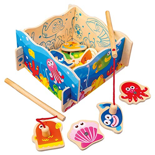 Bino world of toys Angelspiel Set Spielzeug für Kinder ab 3 Jahre (mit Angelrute und magnetischem Köder, magnetischer Fisch, fördert Hand-/Augen-Koordination, Maße: 18,6 × 5,5 × 12,8 cm), Bunt