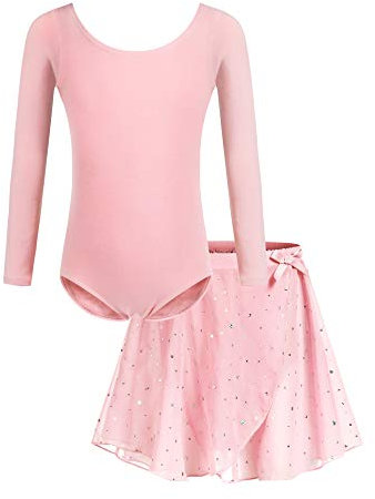 Bricnat Ballettkleidung Mädchen Ballettkleid Kinder Tanzbody Gymnastikanzug Balletttrikot Langarm Tanzkleid mit Tütü Kinder Baumwolle Rosa pink 120