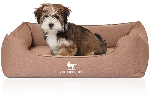 Knuffelwuff Orthopädisches Hundebett Leano aus Velours mit Handwebcharakter M-L 85 x 63cm Hellbraun - abnehmbarer Bezug - waschbar - für große, mittelgroße und kleine Hunde
