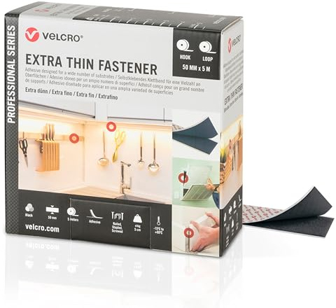 VELCRO Brand, Extra Thin Low Profile Hook & Loop Tape, 50mm x 5m - Black | Heavy Duty Industrial Strength With a Flush Surface to Surface Mount, Cut-to-Length, VELCRO Brand Tape Self Adhesive